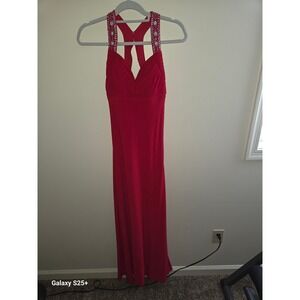 Ignite Evenings Red Embellished Halter Neck T-Back Formal Gown Maxi Dress Small